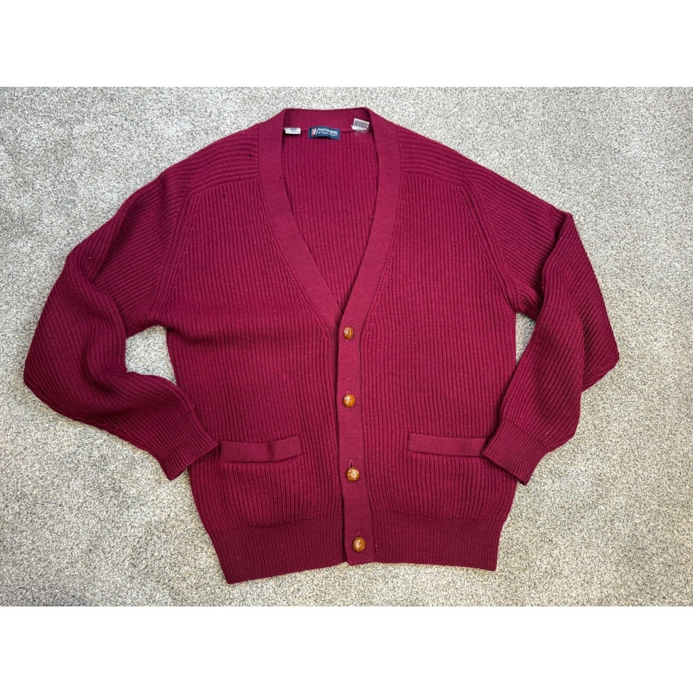 Austin Reed Burgundy Pure Wool Ribbed Cardigan Sweater Mens Large Vintage Macau